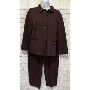 Talbots Pant Suit Brown Button Front Long Sleeve Jacket And Pants Size Medium